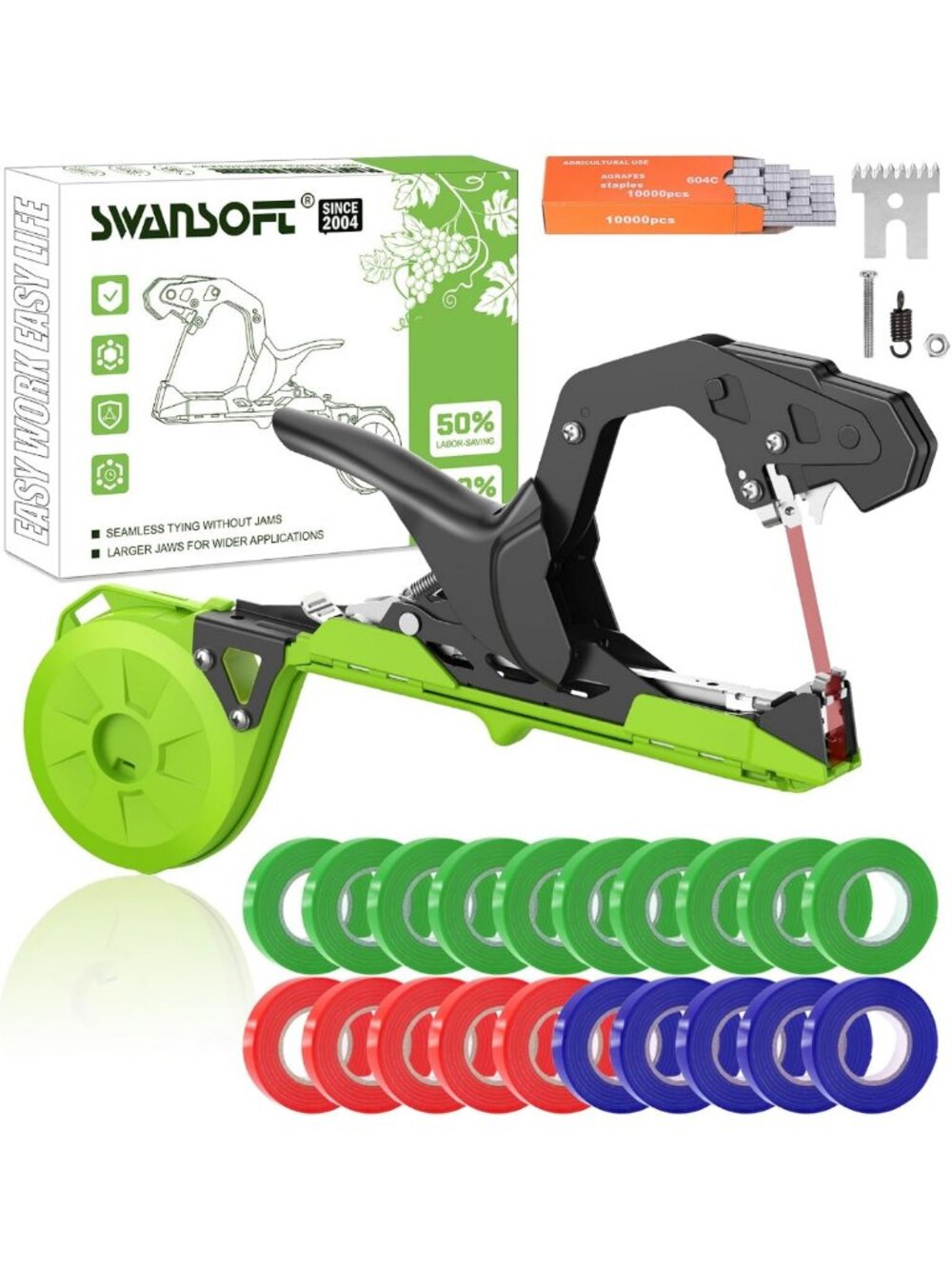 SWANSOFT Plant Tying Machine, Come with 10000pcs Staples 20 Rolls (Green)
